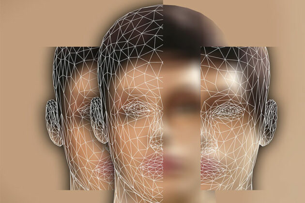 Geometric print over a blurred face.